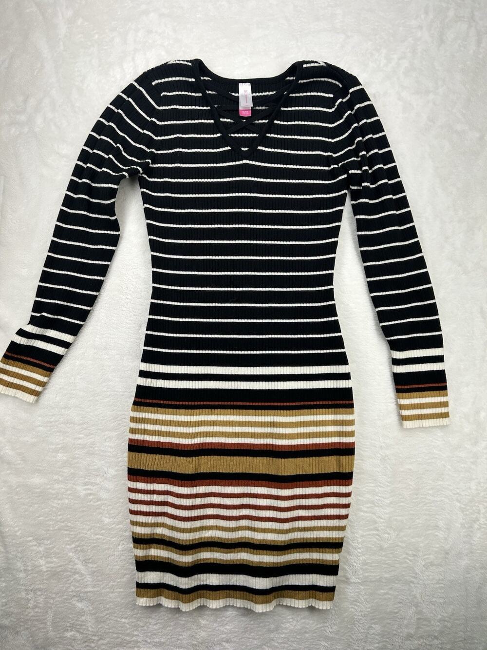 No Boundaries Tan Striped Knit Sweater Knee Dress V-Neck Long Sleeve Size Xl
